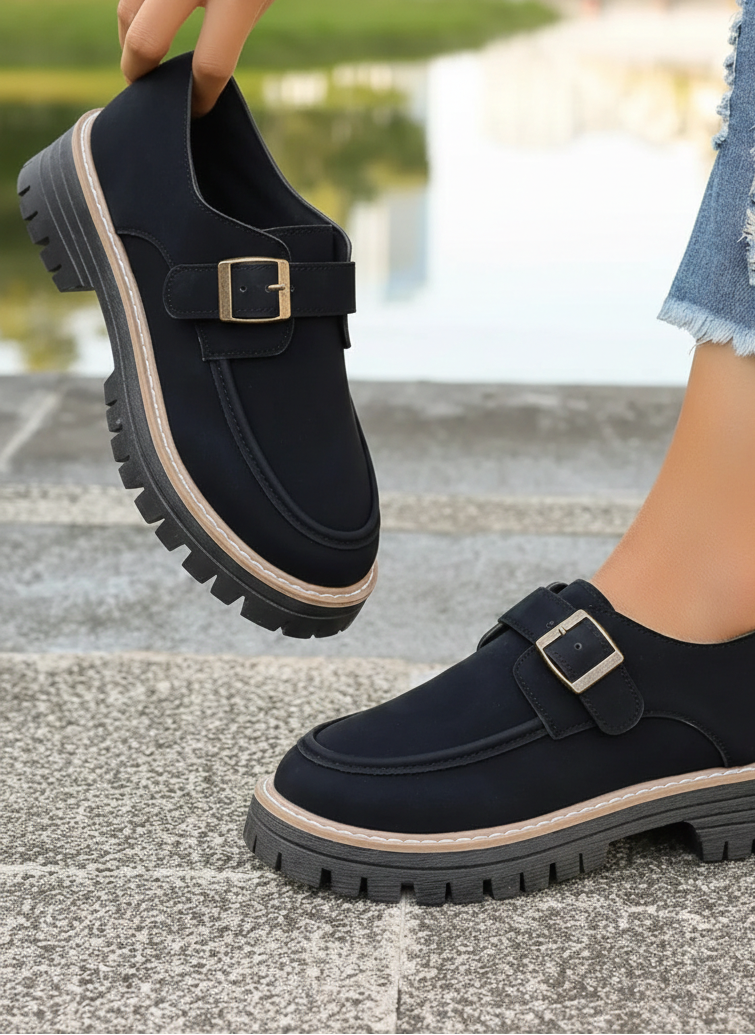 Faux Leather Round Toe Buckle Loafers