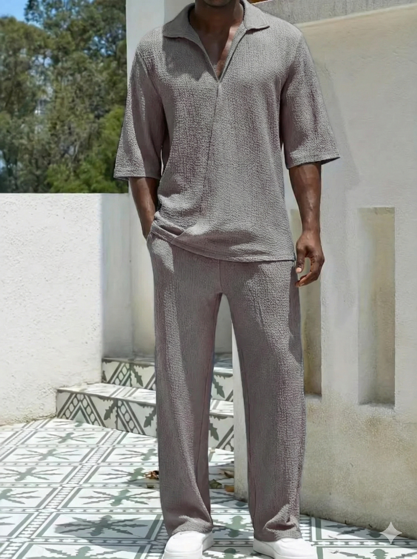 Men's Johnny Collar Half Sleeve Top and Pants Set