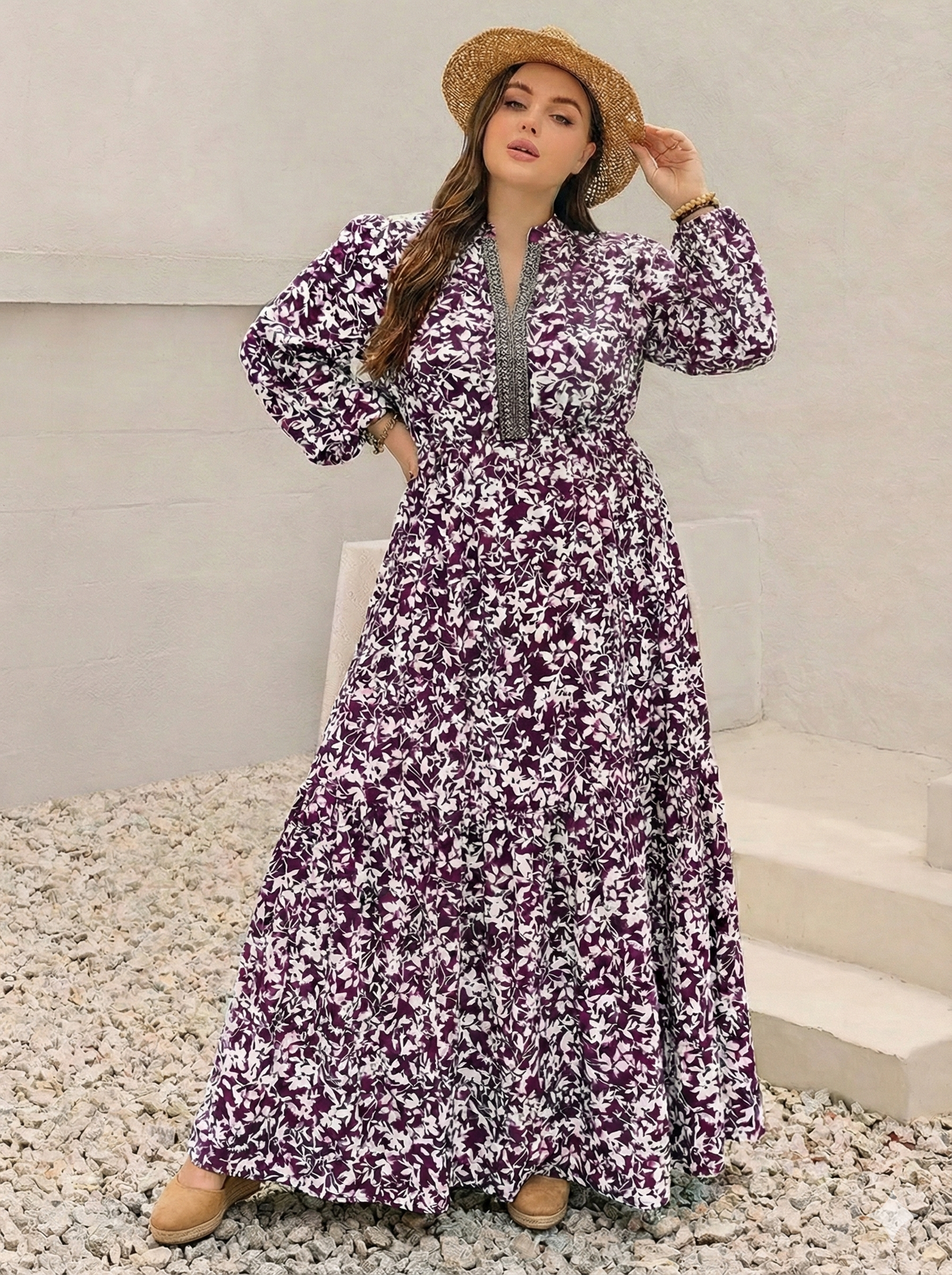 Floral Print Maxi Dress with Long Sleeves - Plus Size