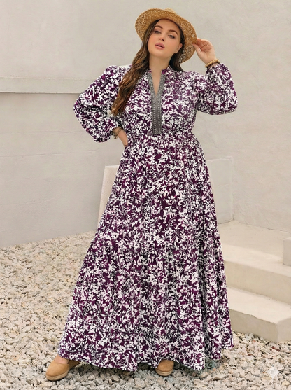 Floral Print Maxi Dress with Long Sleeves - Plus Size