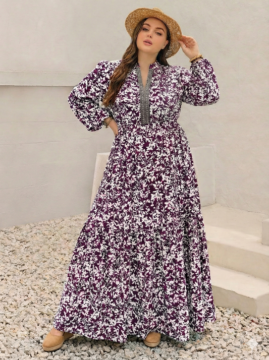 Floral Print Maxi Dress with Long Sleeves - Plus Size