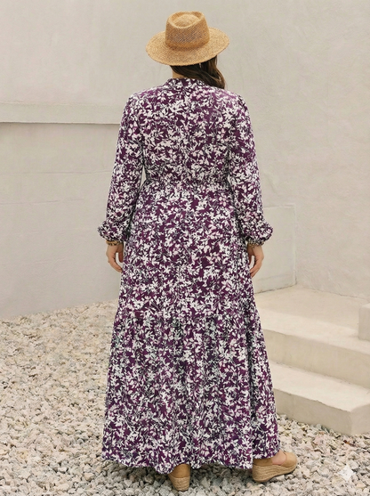 Floral Print Maxi Dress with Long Sleeves - Plus Size