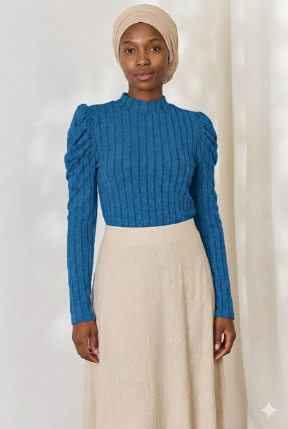 Ribbed Mock Neck Puff Sleeve Shirt