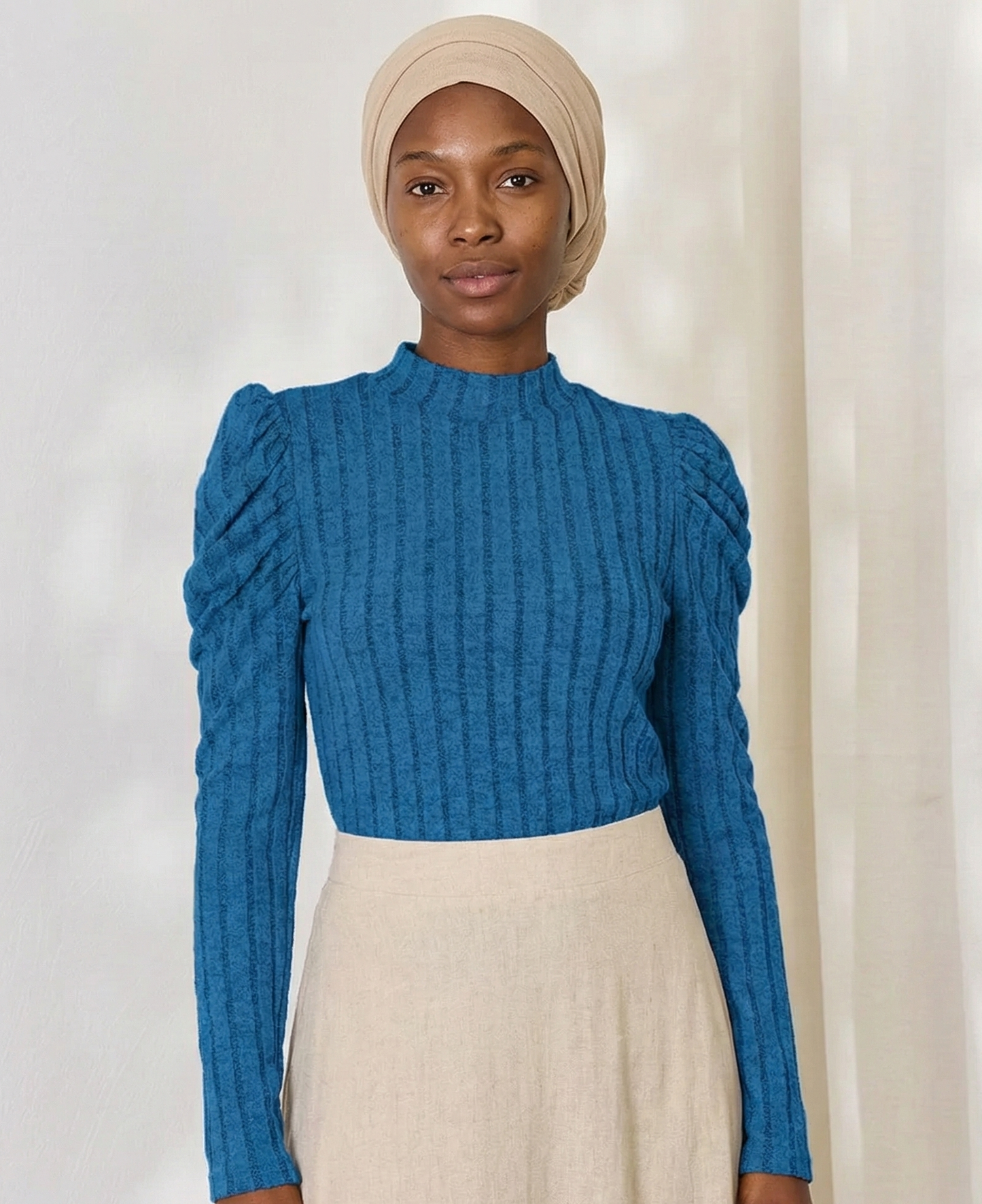 Ribbed Mock Neck Puff Sleeve Shirt