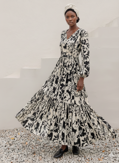 Smocked Printed Tie Neck Long Sleeve Dress