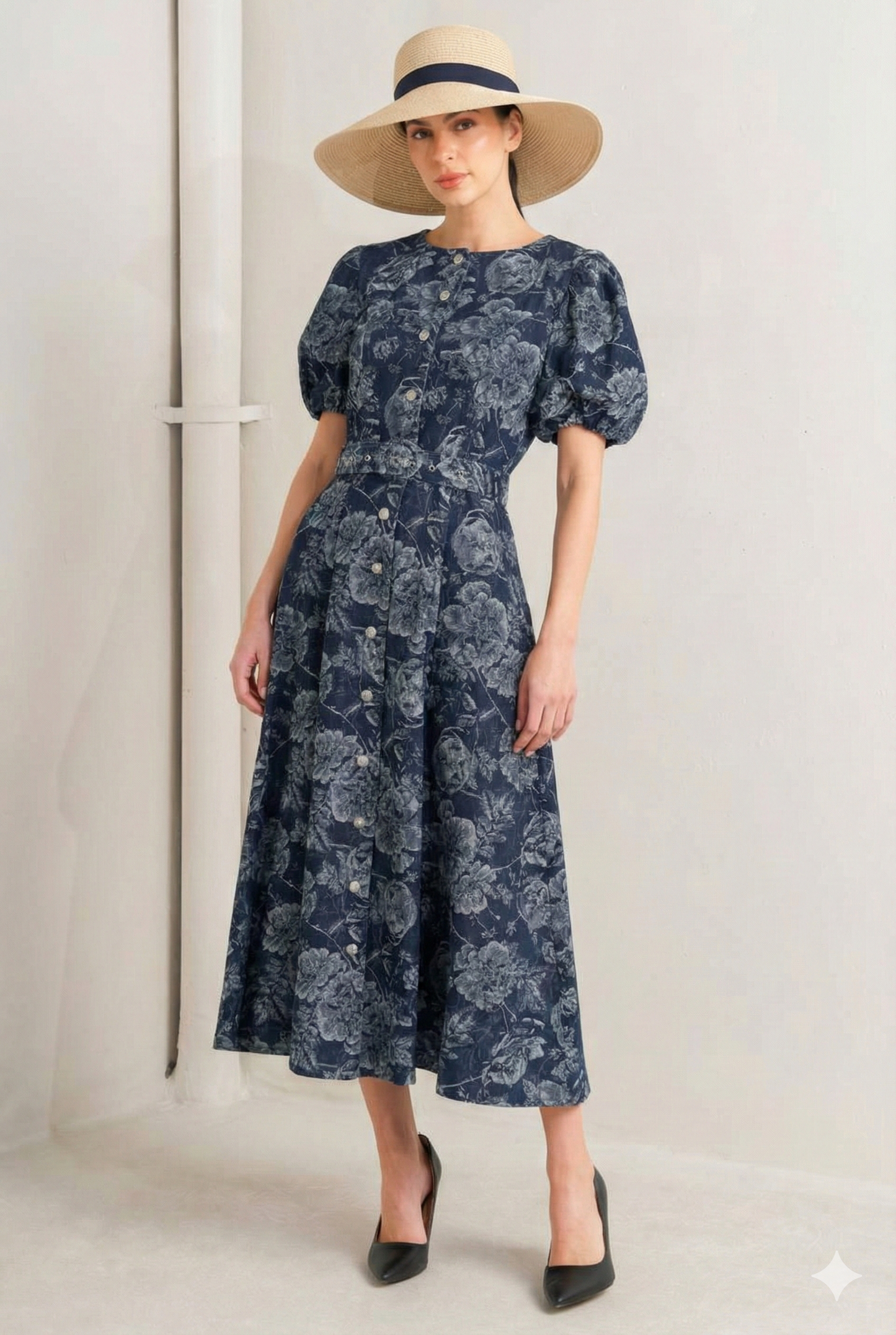Floral Etched Denim Midi Dress