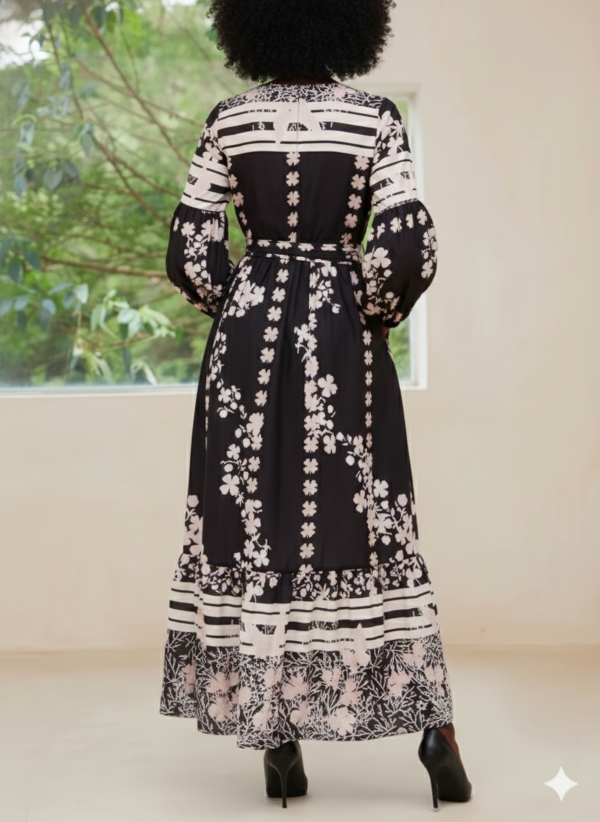 Printed Round Neck Long Sleeve Maxi Dress with Pockets - Printed