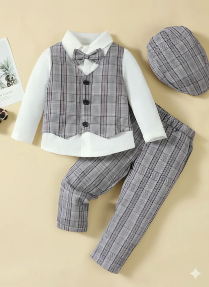 Boy's Hat, Long Sleeve Shirt, Plaid Vest and Pants 4-Piece Set