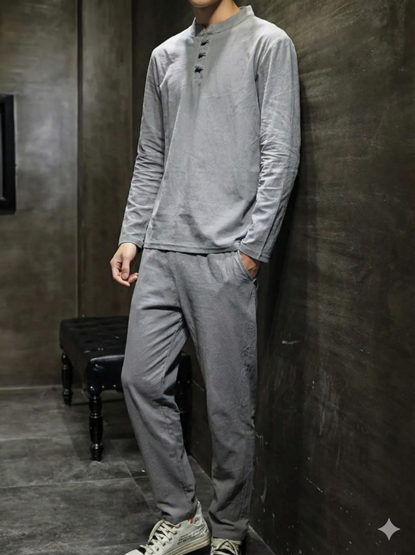 Men's Button Detail Long Sleeve Top and Pants Set