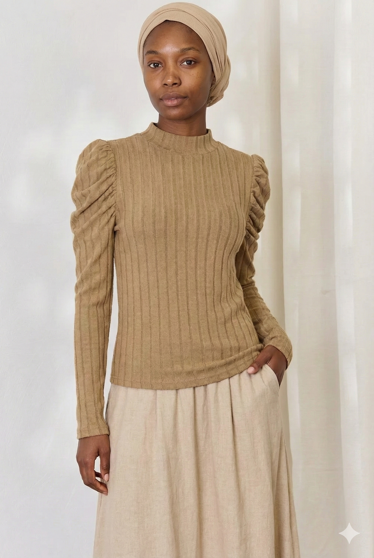 Ribbed Mock Neck Puff Sleeve Shirt