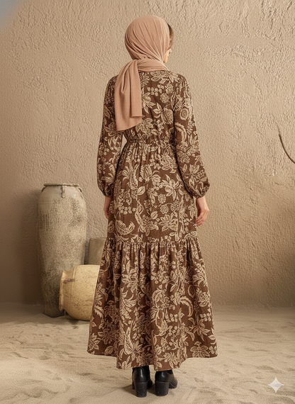 Ruched Printed Notched Long Sleeve Maxi Dress