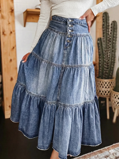 Tiered Button-Fly Denim Skirt
