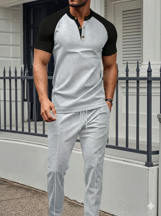 Men's Full Size Waffle-Knit Contrast Top and Drawstring Pants Set