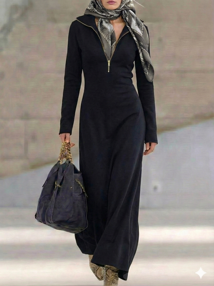 Zip Collar Long Sleeve Maxi Dress