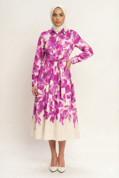 Berry Petal Belted Midi Dress