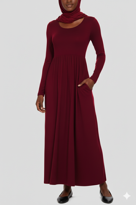 Round Neck Long Sleeve Pocketed Maxi Dress
