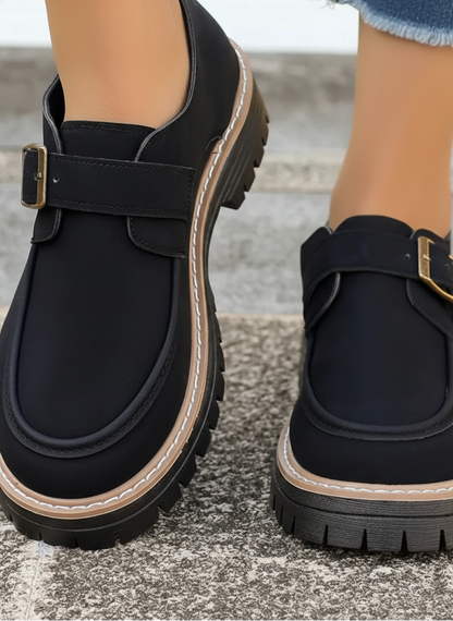 Faux Leather Round Toe Buckle Loafers
