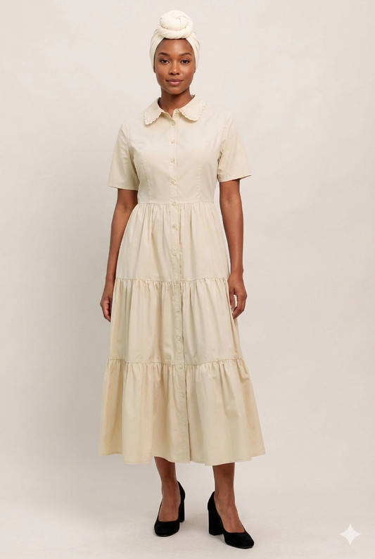 Tie Belted Tan Midi Dress