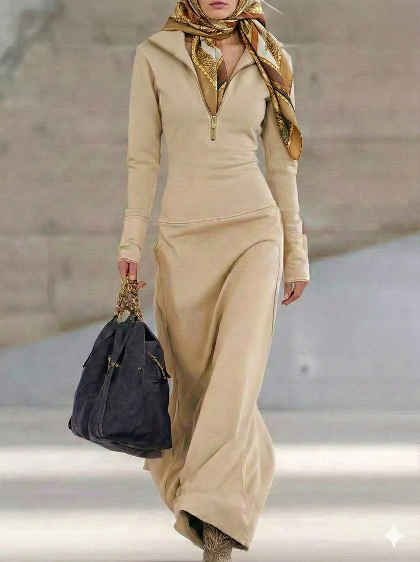 Zip Collar Long Sleeve Maxi Dress