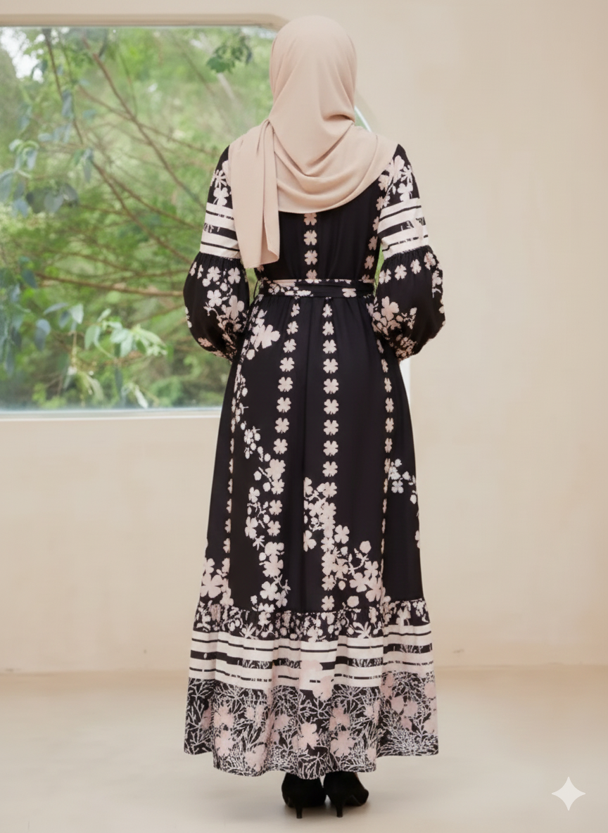 Printed Round Neck Long Sleeve Maxi Dress with Pockets - Printed