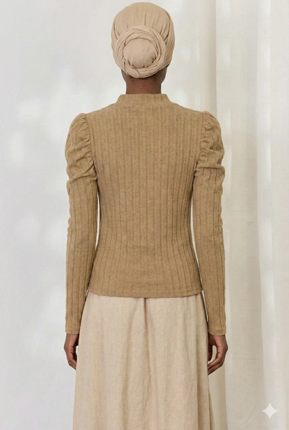 Ribbed Mock Neck Puff Sleeve Shirt