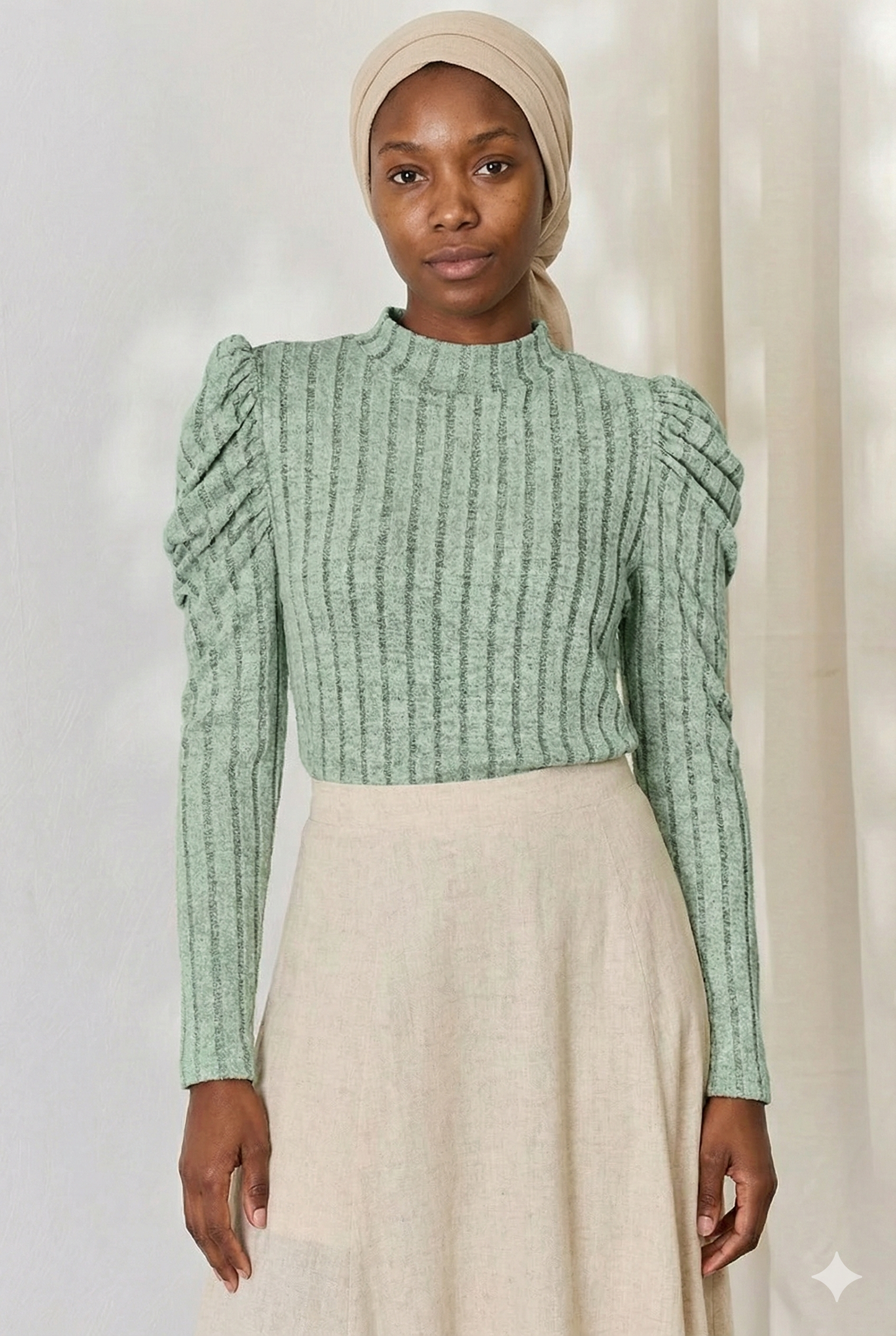 Ribbed Mock Neck Puff Sleeve Shirt