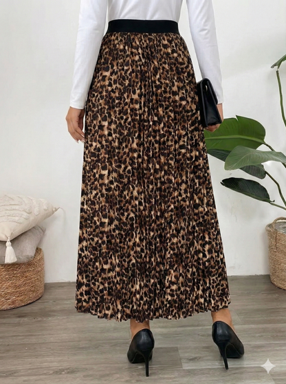 Perfee Pleated Leopard Maxi Skirt
