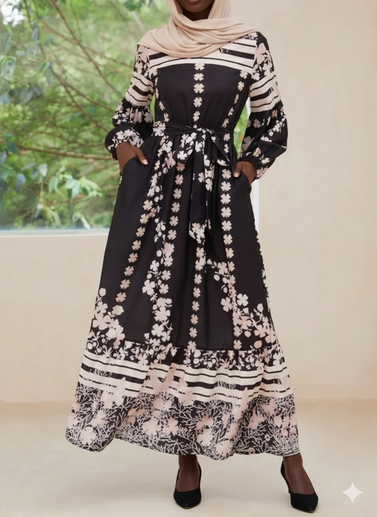 Printed Round Neck Long Sleeve Maxi Dress with Pockets - Printed