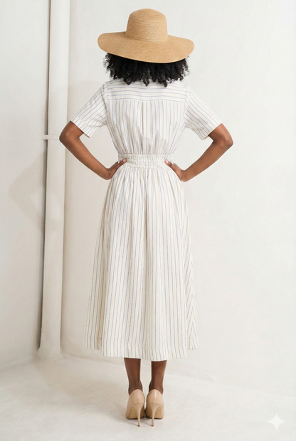 Pin Striped Elastic Waist Midi Dress