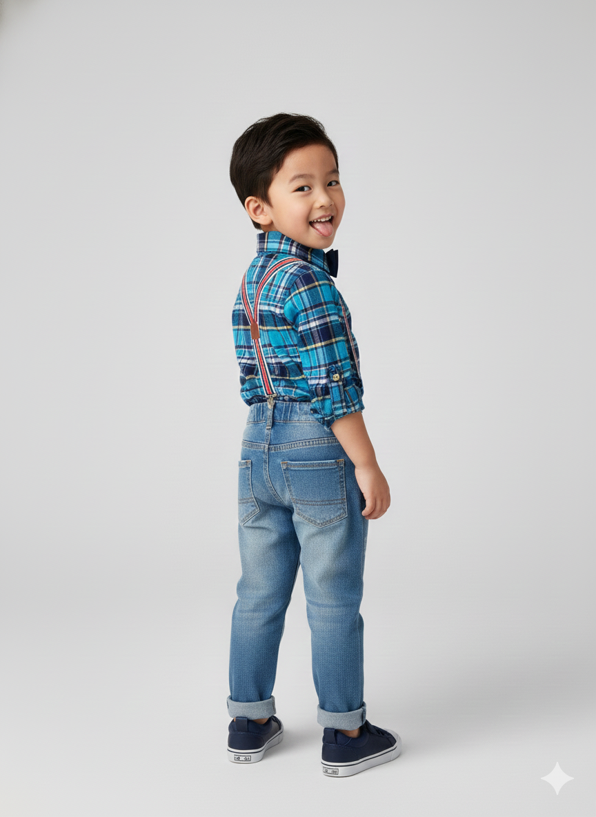 Boy's Plaid Shirt & Distressed Jeans with Suspenders Set