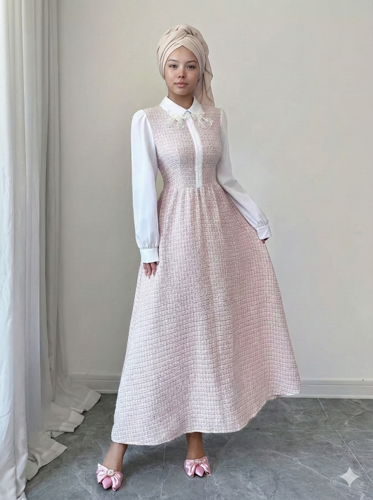 Tweed Long Sleeve A-Line Midi Dress