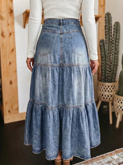 Tiered Button-Fly Denim Skirt
