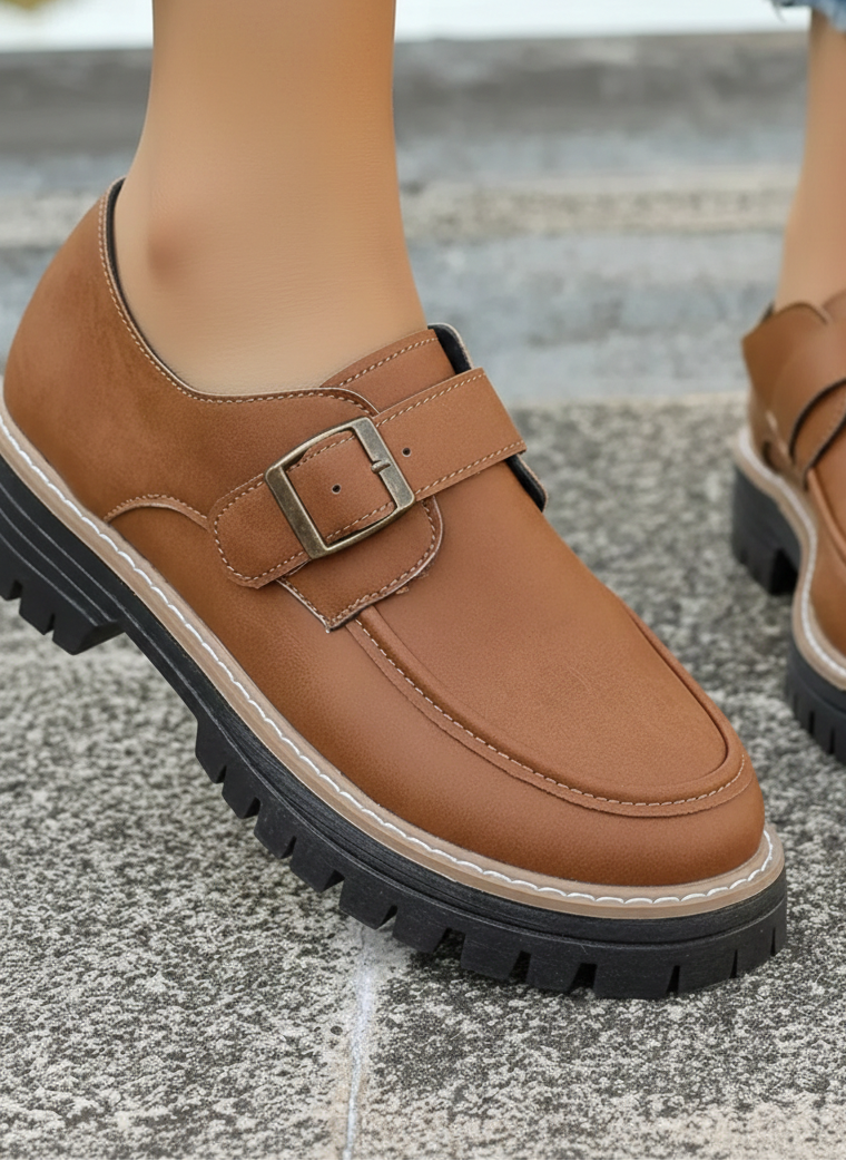 Faux Leather Round Toe Buckle Loafers