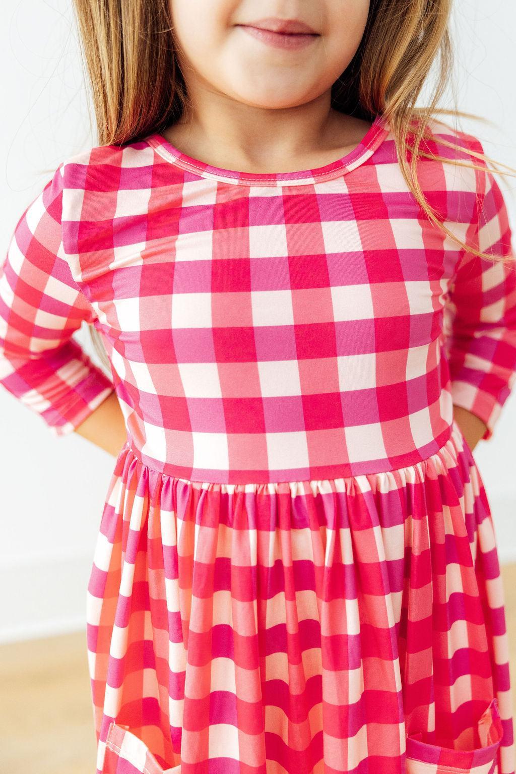 Girl's Hot Pink Gingham 3/4 Sleeve Pocket Twirl Dress