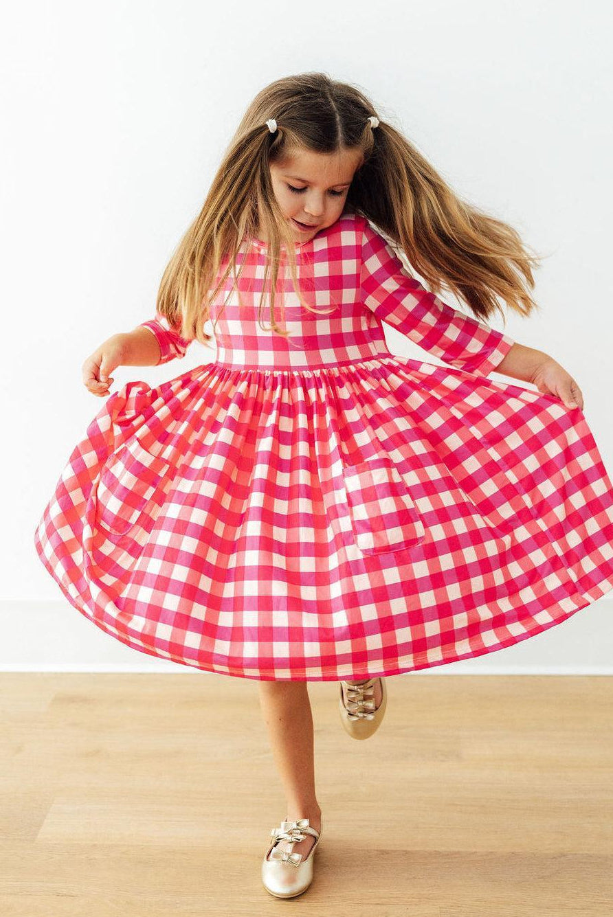 Girl's Hot Pink Gingham 3/4 Sleeve Pocket Twirl Dress