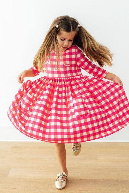 Girl's Hot Pink Gingham 3/4 Sleeve Pocket Twirl Dress