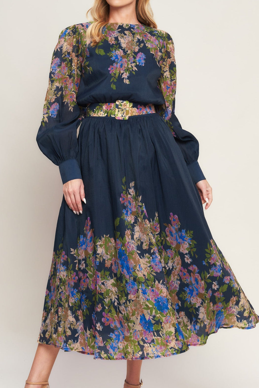 Floral Belted Puff Sleeved Midi Dress