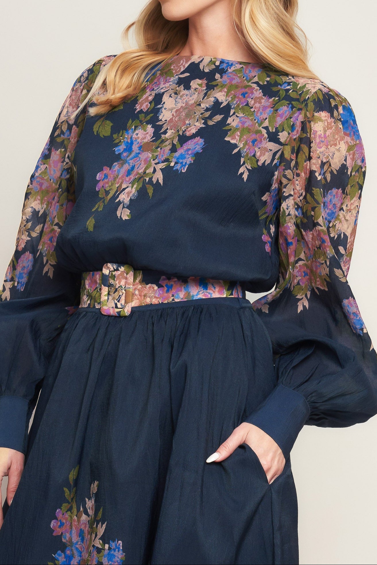 Floral Belted Puff Sleeved Midi Dress