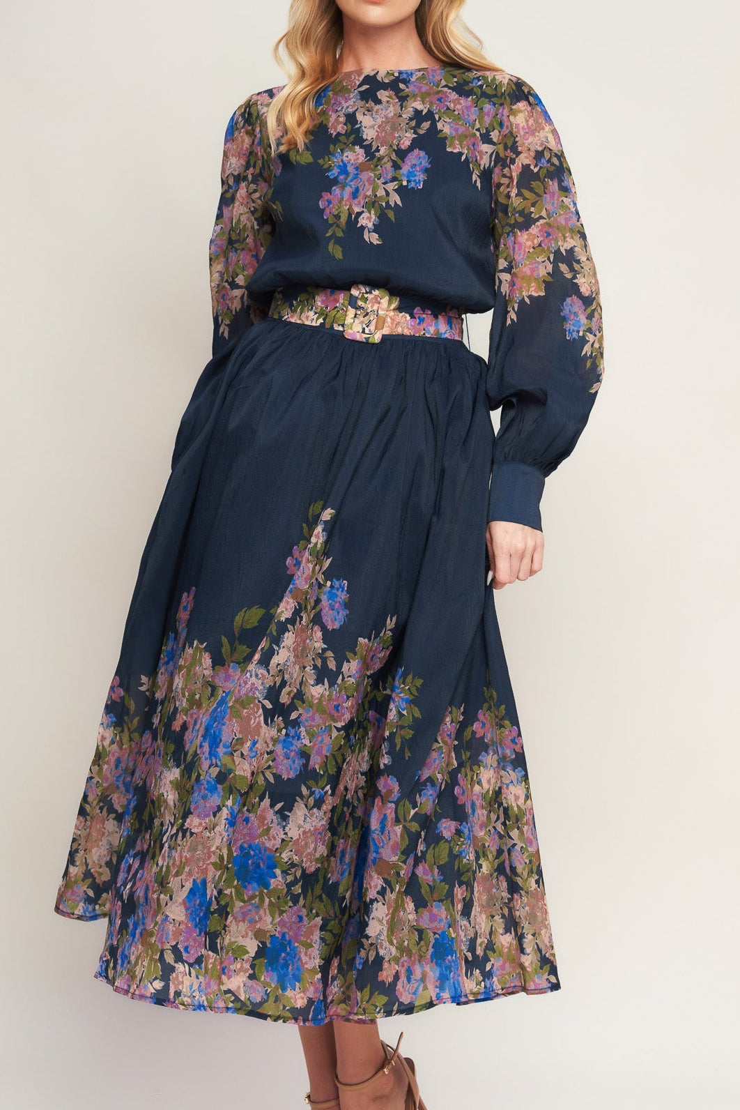 Floral Belted Puff Sleeved Midi Dress