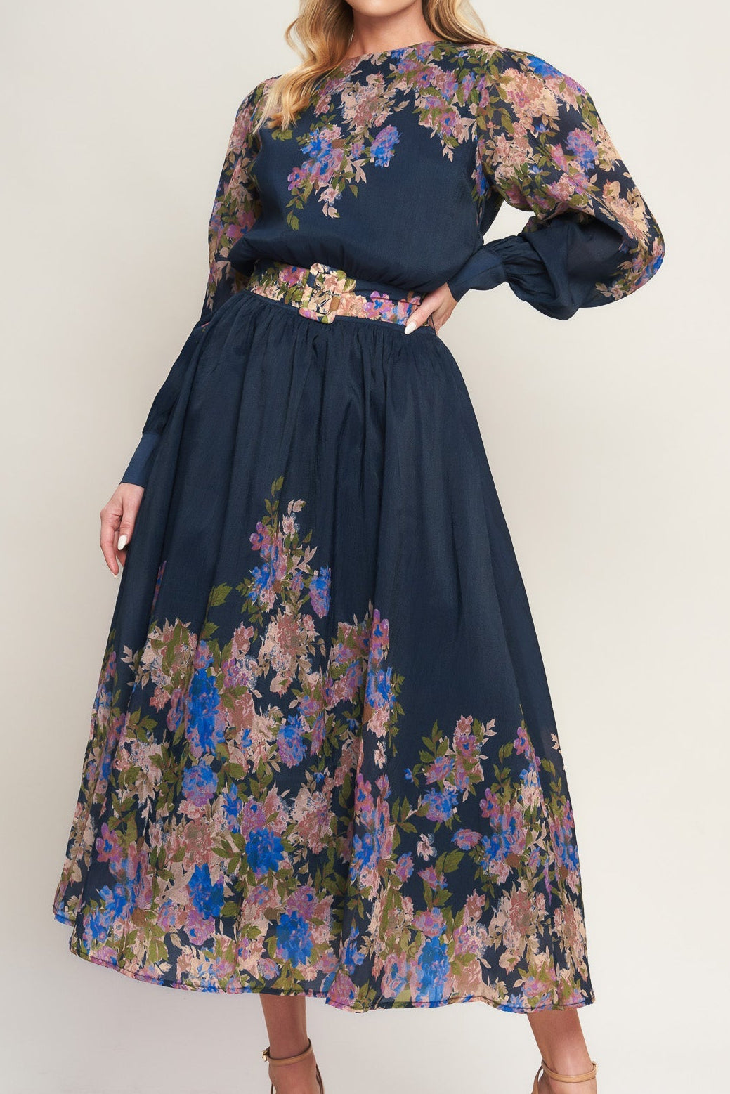 Floral Belted Puff Sleeved Midi Dress