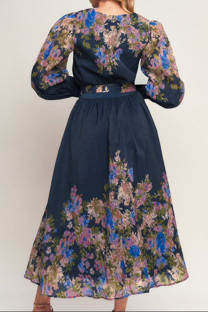 Floral Belted Puff Sleeved Midi Dress