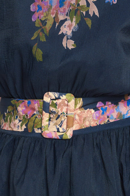 Floral Belted Puff Sleeved Midi Dress