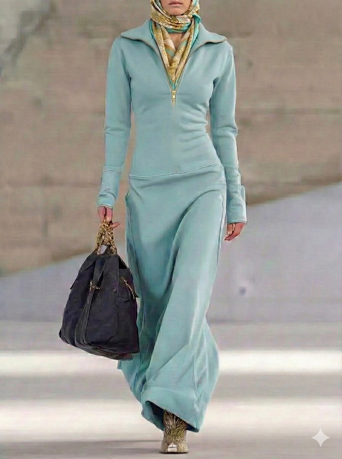 Zip Collar Long Sleeve Maxi Dress