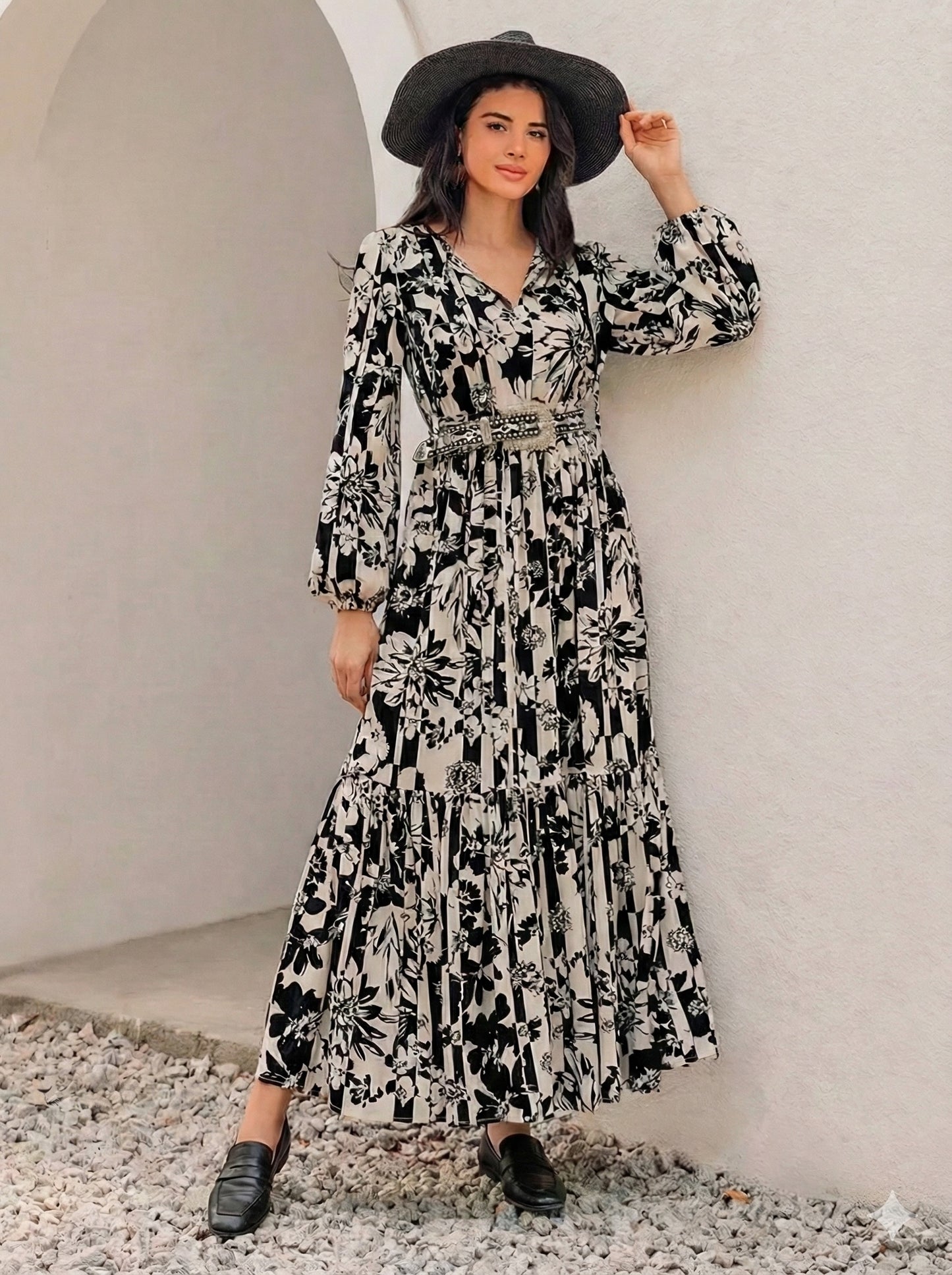 Floral Print Balloon Sleeve Maxi Dress - Plus Size