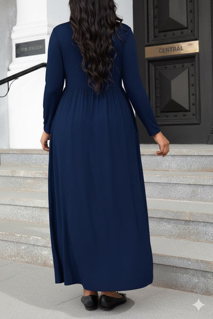 Plus Size Round Neck Long Sleeve Maxi Dress with Pockets - Solid Navy Blue
