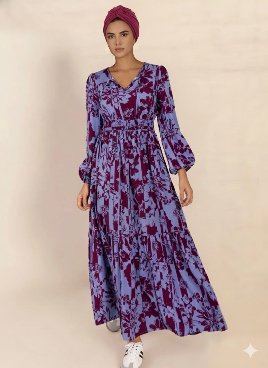 Tie Neck Balloon Sleeve Maxi Dress - Printed