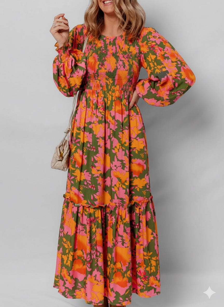 Smocked Floral Print Long Sleeve Maxi Dress