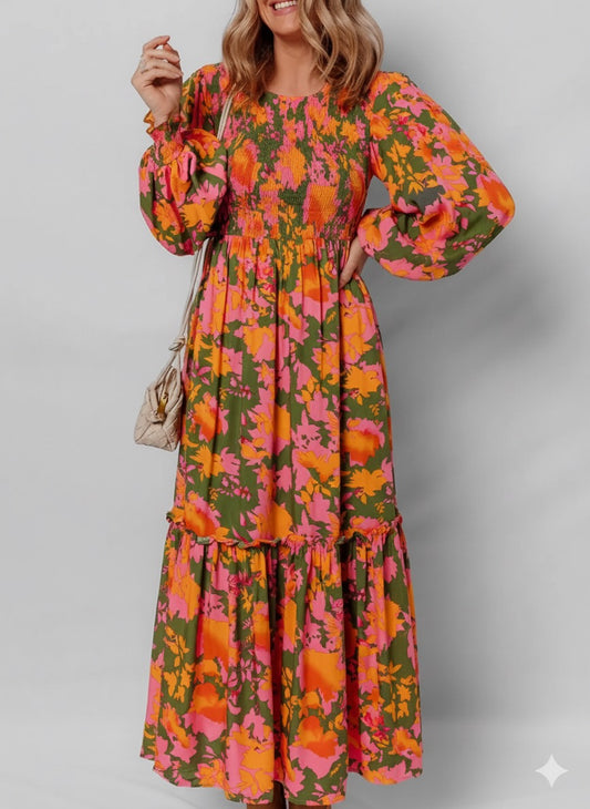 Smocked Floral Print Long Sleeve Maxi Dress