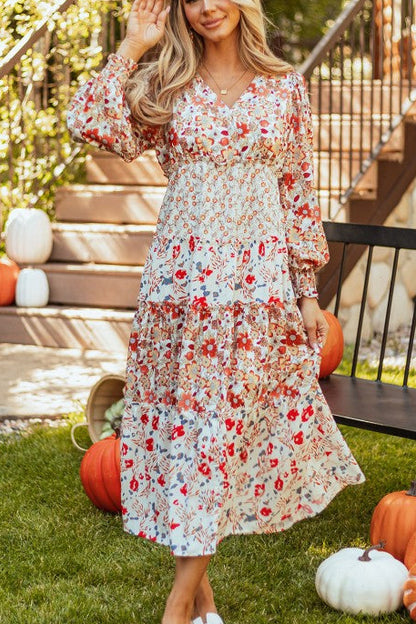 Floral V-Neck Ruffle Long Sleeve Midi Dress