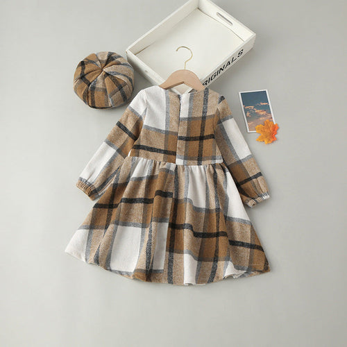 Baby Plaid Pattern Long Sleeve Cotton Dress In Autumn With Hat
